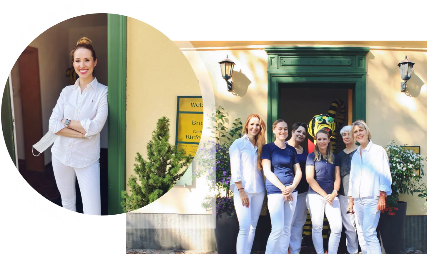 Dr. Anne Moser und das KIEFERFREUNDE-Team vor der Praxis im Weberhaus
